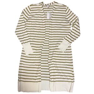 Nine West Striped Open Front Longline Cardigan White Olive Green Classic M NWT